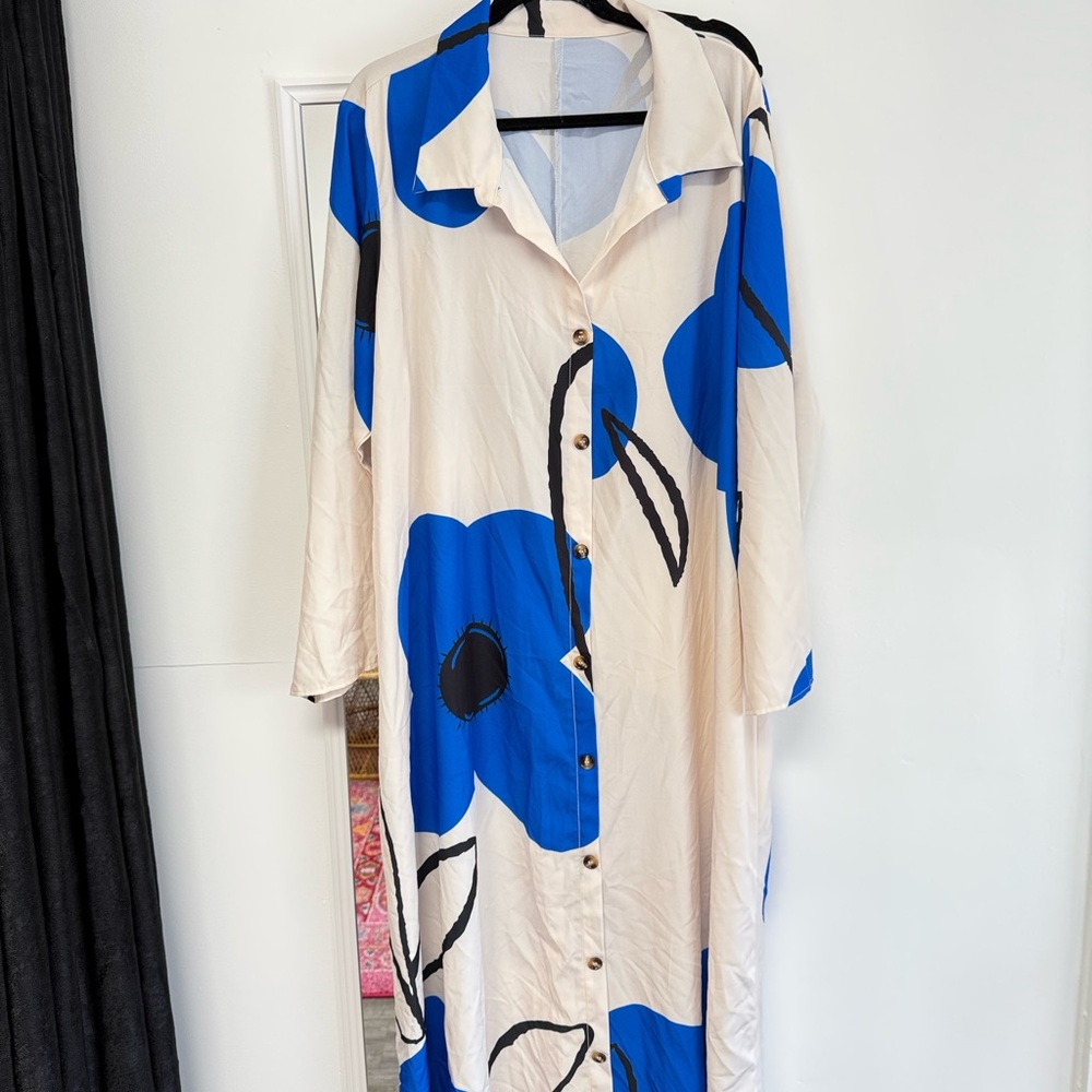 Blue and White Floral Button-Up Dress